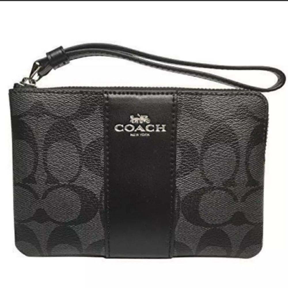 COACH SIGNATURE PVC LEATHER CORNER ZIP WRISTLET CLUTCH BAG BLACK F58035